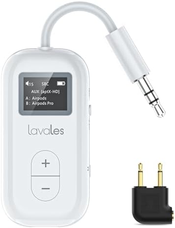 Lavales Bluetooth 5.3 Transmitter W/Screen for 2 Headphones, Wireless Audio Adapter Support aptX Low Latency/HD, 20H Battery Life, 3.5 mm Audio Jack for Airplanes, Gym, Projector, MP3 Player - White