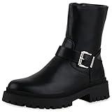 VAN HILL Damen Leicht Gefütterte Biker Boots Stiefeletten Schnallen Schuhe Blockabsatz Plateau Vorne Stiefel Profilsohle Booties 208931 Schwarz 39