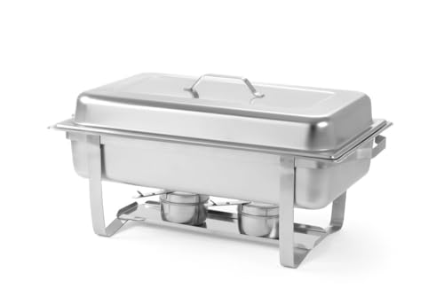 Foto von HENDI Chafing Dish 1/1, Gastronorm, mit hochglanzpoliertem, einsteckbarem Deckel. Inkl. Brennpastenbehältern, einer GN 1/1 Lebensmittelpfanne 65 mm, Stückzahl: 1, 9L, 600x358x(H)295mm, Edelstahl 18/0