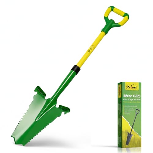 Xforst Spaten mit Wurzelsäge SZ3 – Wurzelspaten & Gärtnerspaten aus Carbonstahl – 114 cm Fiberglasstiel mit ergonomischem Griff & breiter Trittkante – Gartenschaufel für Garten & Außenarbeiten