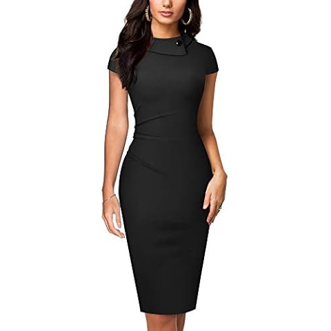 HOMEYEE Women's Retro Pleated Bodycon Work Office Pencil Dresses B574(Black,6) Cover