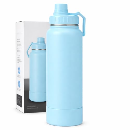 Garrafa Térmica 800ml - Duplamente Isolada, Aço Inox 304, Base Emborrachada Anti Derrapante, Mantém Bebidas Quentes por 12 Horas e Geladas por 24 Horas, (Azul Piscina)