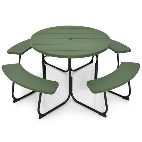 Julimoon Round Picnic Table for Outdoors, 8 Person Outdoor Picnic Tables & Benches Set with Umbrella Hole, HDPE Tabletop & Metal Frame, 2000 LBS Capacity Table Bench Set for BBQ, Garden, Lawn, Patio