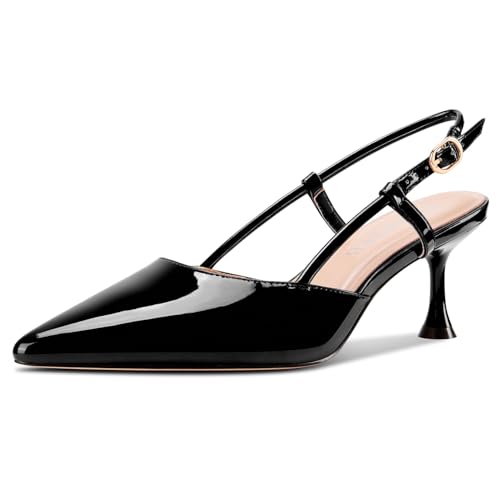 TNYNFBEB Womens Close Pointed Toe Mid Kitten Heel Pumps Shoes Slip-on Slingback Buckle Prom Party Dress Basic Classic Patent Leather 2.6 Inches Heels