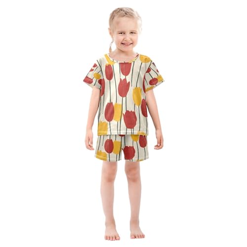 senya Short Sleeve Pajamas Sets Summer Cotton Sleepwear Red and Yellow Tulips3