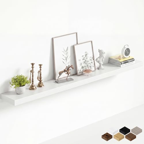 Image of Fun Memories 60Inch Long Floating Shelves, 8 Inch Deep Shelves for Bedroom|Living Room, Wall Mounted Wood Hanging Shelf with Invisible Brackets for Fireplace Mantel Home Storage Decor, White - 1 Pack