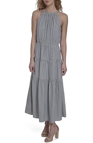 Image of Tommy Hilfiger Women's Sleeveless Halter Neck Seersucker Tiered Skirt Maxi Dress