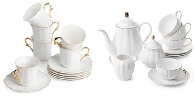 BTaT- Espresso Cups and Saucers, 2.4 oz, Set of 6, with Gold Trim and Gift Box and Classic tea set, 13 pcs, Tea Cups (7oz), Tea Pot (32oz), Creamer and Sugar Set