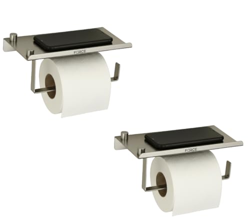 Image of Force Toilet Paper Holder with Shelf - Pack of 2 - Wall Mounted Rustproof Stainless Steel Bathroom Tissue Roll Dispenser with Raised Edge Shelf - Matte Finish - Space-Saving Modern Design