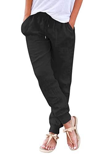 Hose Damen Sommer Casual Baumwolle Leinen Stoffhose Einfarbig Freizeithose Stretch Leicht Leinenhose Straight Leg Hose und Taschen(Z Schwarz, M)