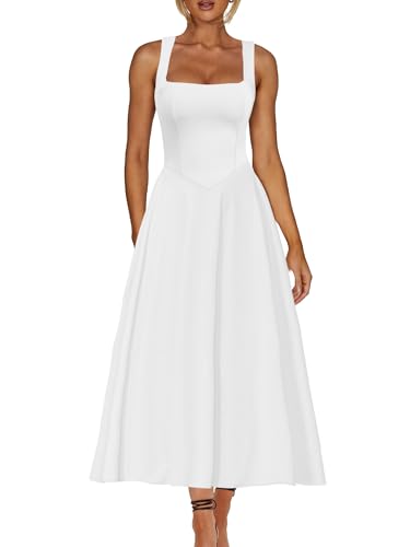 Kaximil Womens Square Neck Sleeveless A Line Maxi Dress Smocked Ruffle Flowy Casual Long Dresses Small White