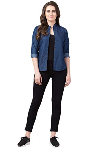 Image of FUNDAY FASHION Women's Denim Blend Casual Mandarin Collar Regular Fit Shirt