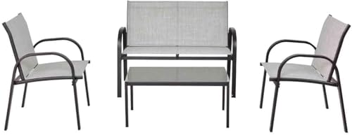GOPLUS Conjunto de Muebles de Jardín 4 Piezas, 1 Mesa de Centro, 1 Sofá y 2 Sillones con Apoyabrazos Lisos, Tela de Malla, para Jardin, Piscina, Terraza, Patio (Gris)