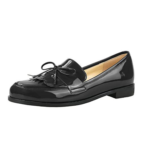Image of LEMUTISME Women's Trendy Patent Leather Comfort Casual Closed Round Toe Slip On Bow-Knot Dress Flat Loafers Pump Shoes with Tassal Black Size 10