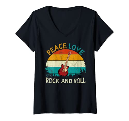 Femme Guitar Music Vintage Retro Style Peace Love Rock and Roll T-Shirt avec Col en V