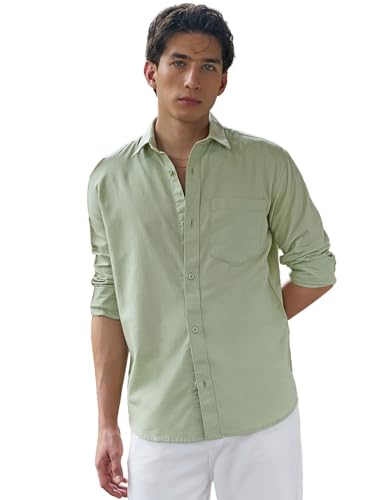 Image of Bewakoof Mens Solid Regular Fit Full Sleeve Collar Cotton Linen Blend Shirt