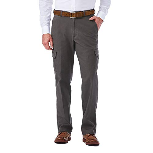 Haggar mens Stretch Comfort Cargo Expandable Waist Classic Fit Plain Front Casual Pants, Medium Grey, 42W x 29L US