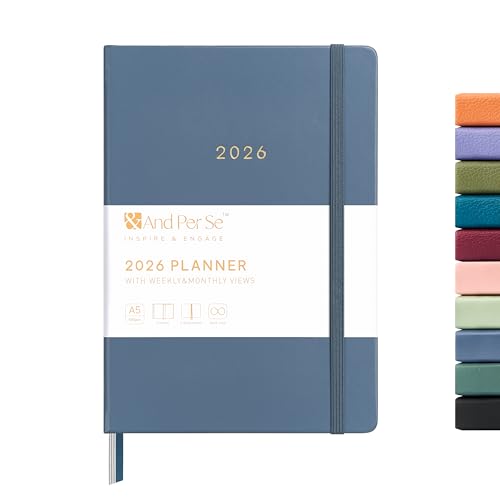 And Per Se 2026 Planner-Daily, Weekly & Monthly Leather Hardcover Planner, 5.7' x 8', Daily Schedule, 100 GSM Thick Paper, Back Pocket(Dark Blue)