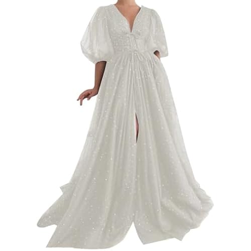 Women's Sparkle Starry Tulle Prom Dresses Puffy Sleeve Evening Gowns Long Slit Formal Party Dress with Pockets
