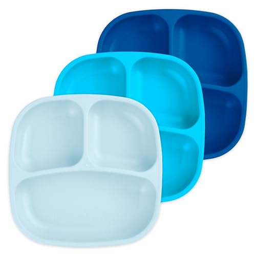 Image of Re-Play Toddler Plates with Dividers - Deep-Walled 3 Compartments Divided Plates for Kids - Dishwasher & Microwave Safe - Made in USA - Set of 3-7.37" x 7.37" x 1.25" - Bluesy