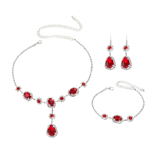 XFSRG Set de Joyas de Mujer de Lujo en Strass con Collar Pendientes y Pulsera con Brillantes Piedras de Strass Ideal para Bodas Bailes y Vestidos de Noche (Rojo)