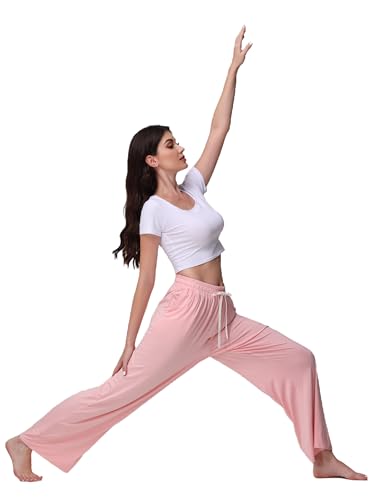 Image of Veseacky Women's Wide Leg Lounge Pants Yoga Pajamas Comfy Stretch Drawstring Pajamas Puls Size Dance Bottoms S-4XL