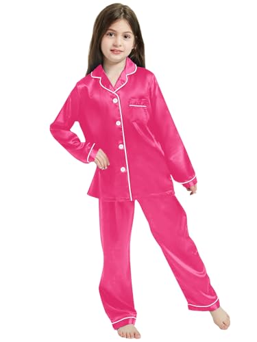 Image of Schbbbta Girls & Women Satin Pajamas Set, 2Piece Silk Nightwear Button-Down Sleepwear for Teen Kids, 3 Years - Women XXL