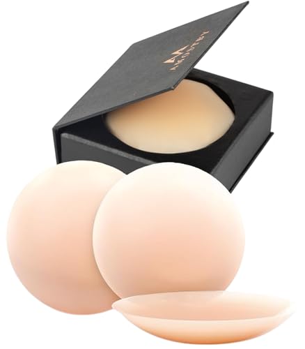 AMOSTBY Nipple Covers for Women,2 Pairs Seamless Cakes Body Non Adhesive Silicone Bra,8CM Reusable Invisible Breast Petals with Travel Box Creme - M