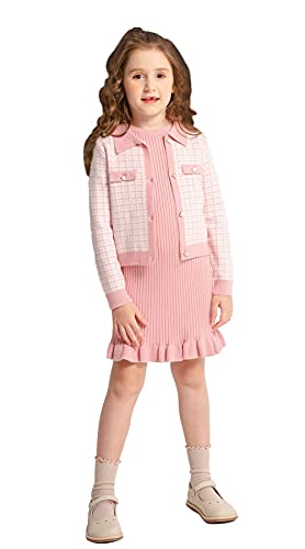 SMILING PINKER Girl Ribbed Knit Sleeveless Dress and Houndstooth Cardigan Sweater Winter Set(Pink,3-4 Years)