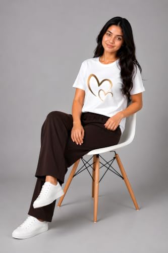 Image of ELVIA Women's Pure Cotton Top and Pyjama Co-Ord Set | Double Heart Graphic Printed Night Suit | Regular Fit Half Sleeve Round Neck T-Shirt with Pajama Sleepwear Loungewear Set