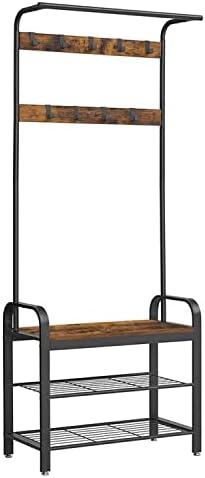 VASAGLE Coat Rack, Hall Tree with Shoe Bench for Entryway, Entryway Bench with Coat Rack, 4-in-1, with 9 Removable Hooks, a Hanging Rod, 13.3 x 28.3 x 72.1 Inches, Rustic Brown and Black UHSR40B