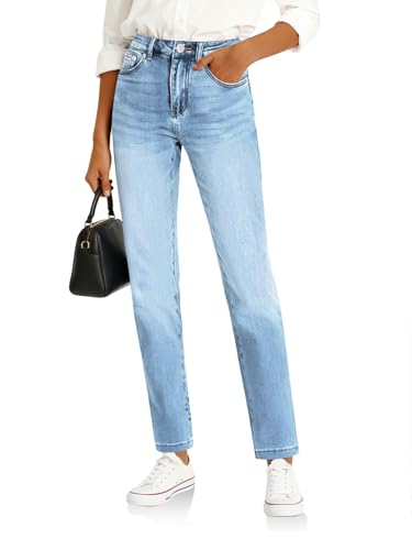 Image of Cicy Bell Womens Straight Leg Jeans High Waisted Mid Rise Stretchy Denim Pants Tapered Petite Jeans