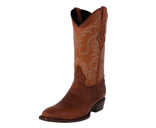 Texas Legacy Men Cognac Western Leather Cowboy Boots Teju Lizard Print Round Toe