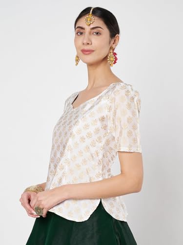 Image of studio rasa Women's Silk Blend Hand Block Printed Top for Wedding Festive Party