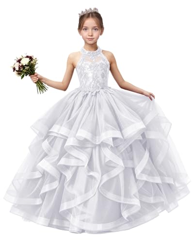 HCHUANG Lace Appliques Flower Girl Dress for Wedding Tulle Sequins Princess Pageant Dresses A Line Halter First Communion Dress White 2-16Y