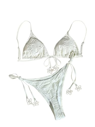 SweatyRocks Women's Two Piece Swimsuits Beaded Triangle Bikini Set Spaghetti Strap Tie Side Bathing Suits