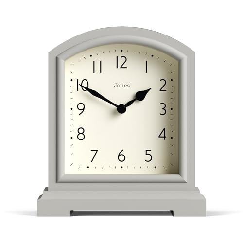Jones Clocks® Tavern mantel clock | Small modern arch top design | Pale grey | Contemporary classic style for desk, table, shelf or bedside