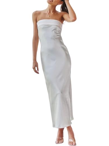 Image of Women Summer Lightweight Satin Maxi Bodycon Dress Strapless Tube Backless Hollow Out Long Party Dress