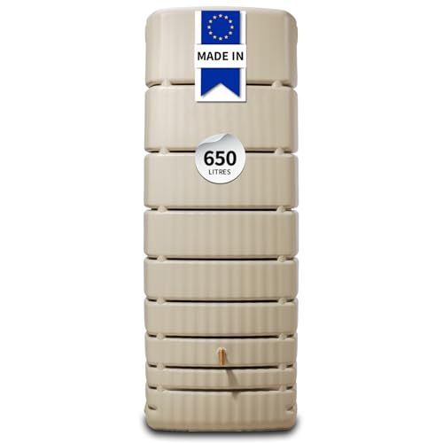 4rain Slim Récupérateur d’Eau de Pluie 650L Sable – Cuve Murale Robuste et élégante – Réservoir d’Eau de Pluie + Robinet PE Imitation Laiton –...