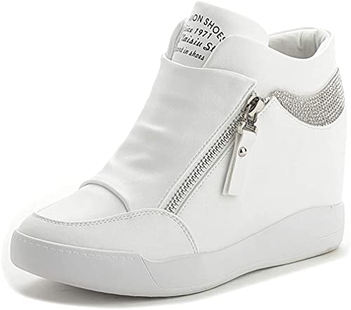 HINDOLA Womens Fashion Platform Shoes Hidden Wedge Heel High Top Sneakers for Women Rhinestone Boots Working Shoes Women - Main Image