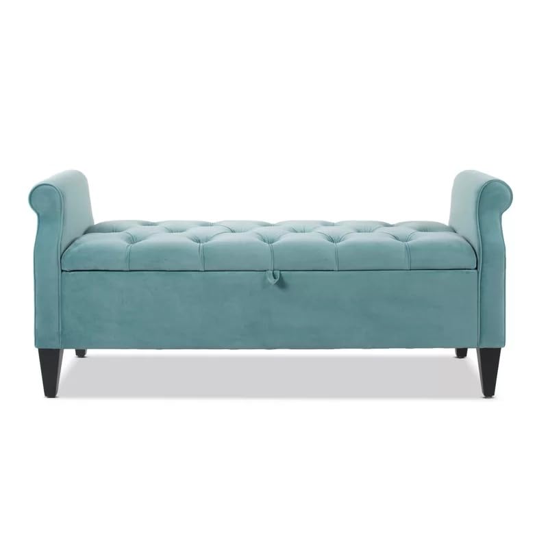 Image of Velvet Storage Ottoman Bench with Rolled Arms | Tufted Upholstered Sofa Bench with Hidden Storage | End of Bed Bench for Bedroom Living Room Entryway Seating | Modern Lounge Footrest Seat|Teal Green
