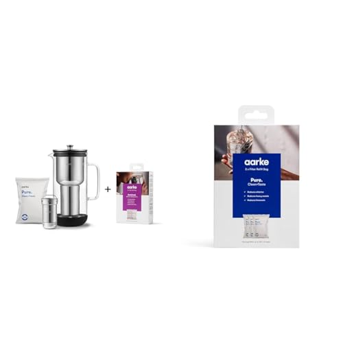 Aarke Purifier, Wasserfilterkaraffe aus Glas und Edelstahl & 3er-Pack Pure Filter Nachfüllbeutel – Reduziert Chlor, Schwermetalle und Kalk – Filtert bis zu 3x120 Liter Wasser