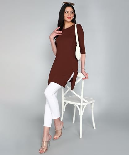 Image of FLEXIMAA Women's Cotton Plain Round Neck 3 /4 Sleeve Long Top