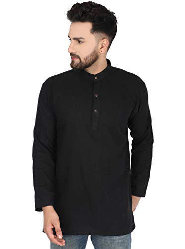SKAVIJ Men's Tunic Cotton Button Down Summer Kurta Shirt Regular Fit (X-Large, Black)