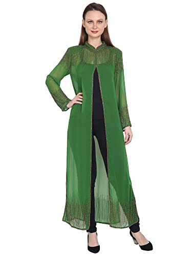 Image of Matelco Women Georgette Floor Length Hand Embroidered Embellished Longline Front Open Shrug Dress