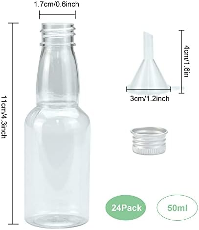 TANCUDER 24 PCS Mini Liquor Bottles 50ml Miniature Bottles Reusable Plastic Empty Spirit Bottles Containers with Silver Screw Caps, Liquid Funnel for Easy Pouring Bottle Filling, Leak Proof 
