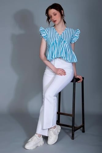 Image of Leriya Fashion Women's Western Regular Fit Crop Tops | Fancy Stripped with Ruffle Sleeves | Button Down Lightweight Cotton for Girls | Suitable for College Office Casual Wear for Ladies