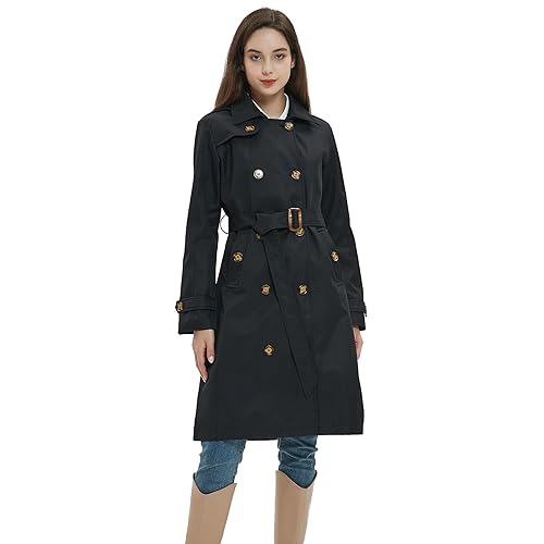 Image of Womens Trench Coat Double-Breasted Long windbreak Belted Slim Outerwear Coat with Detachable Hood S-2XL