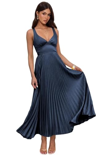 Pleated Satin Bridesmaid Dress V-Neck Formal Party Dresses for Women GR009