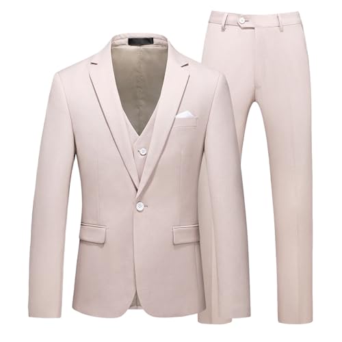 Men 3 Piece Business Wedding Party Fashion Slim Single Breasted Jacket Vest Pants Apricot